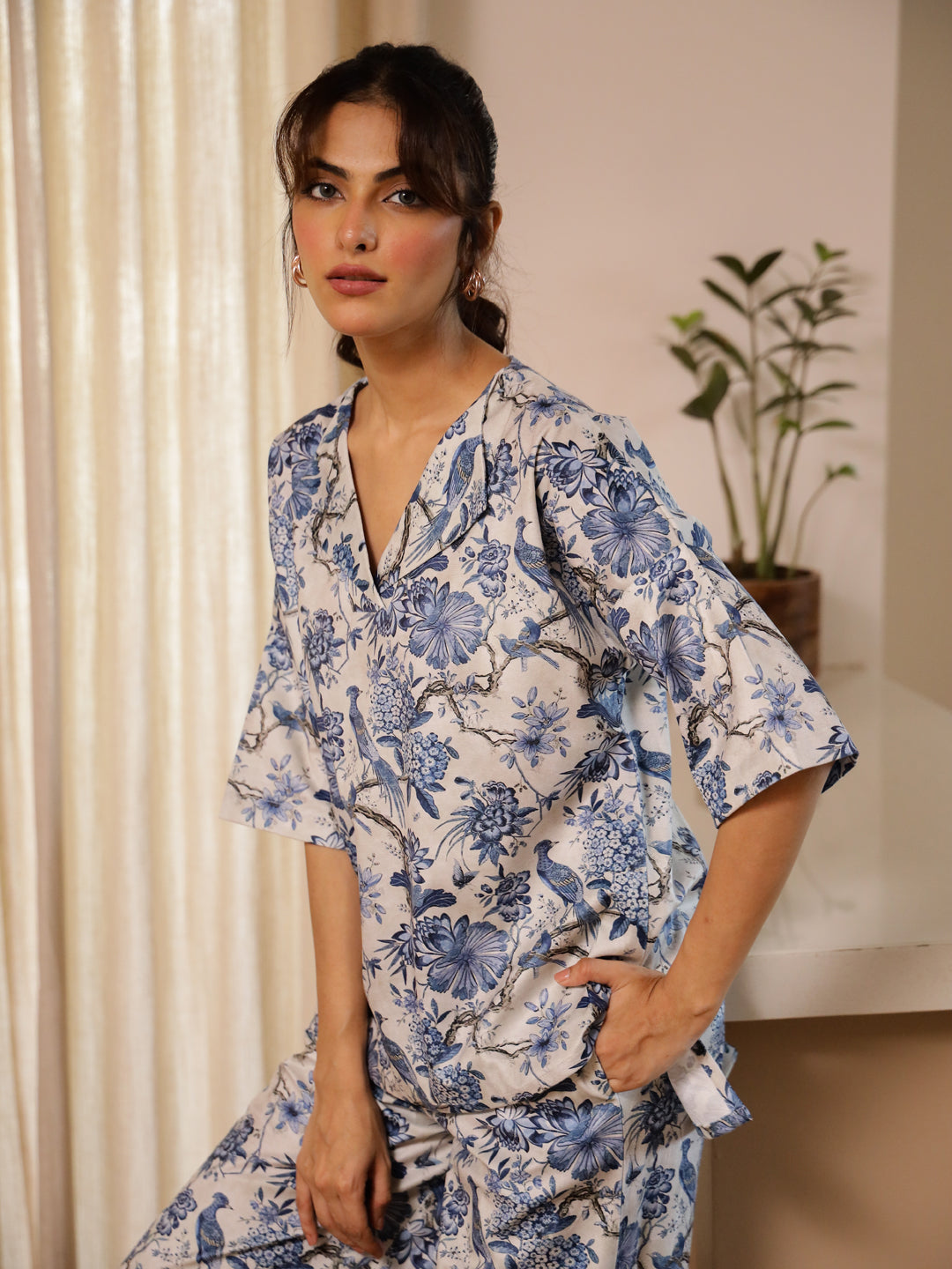 Blue Flower Printed Velvet Co-ord Set