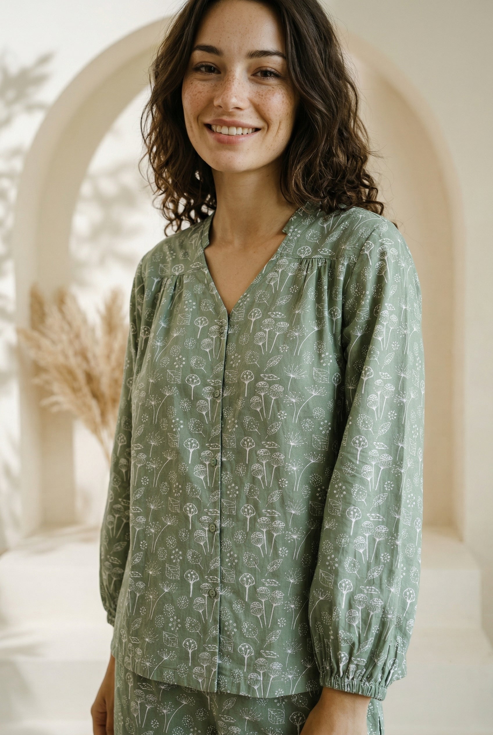 Green V-Neck Floral Print Cotton Night Suit For Women