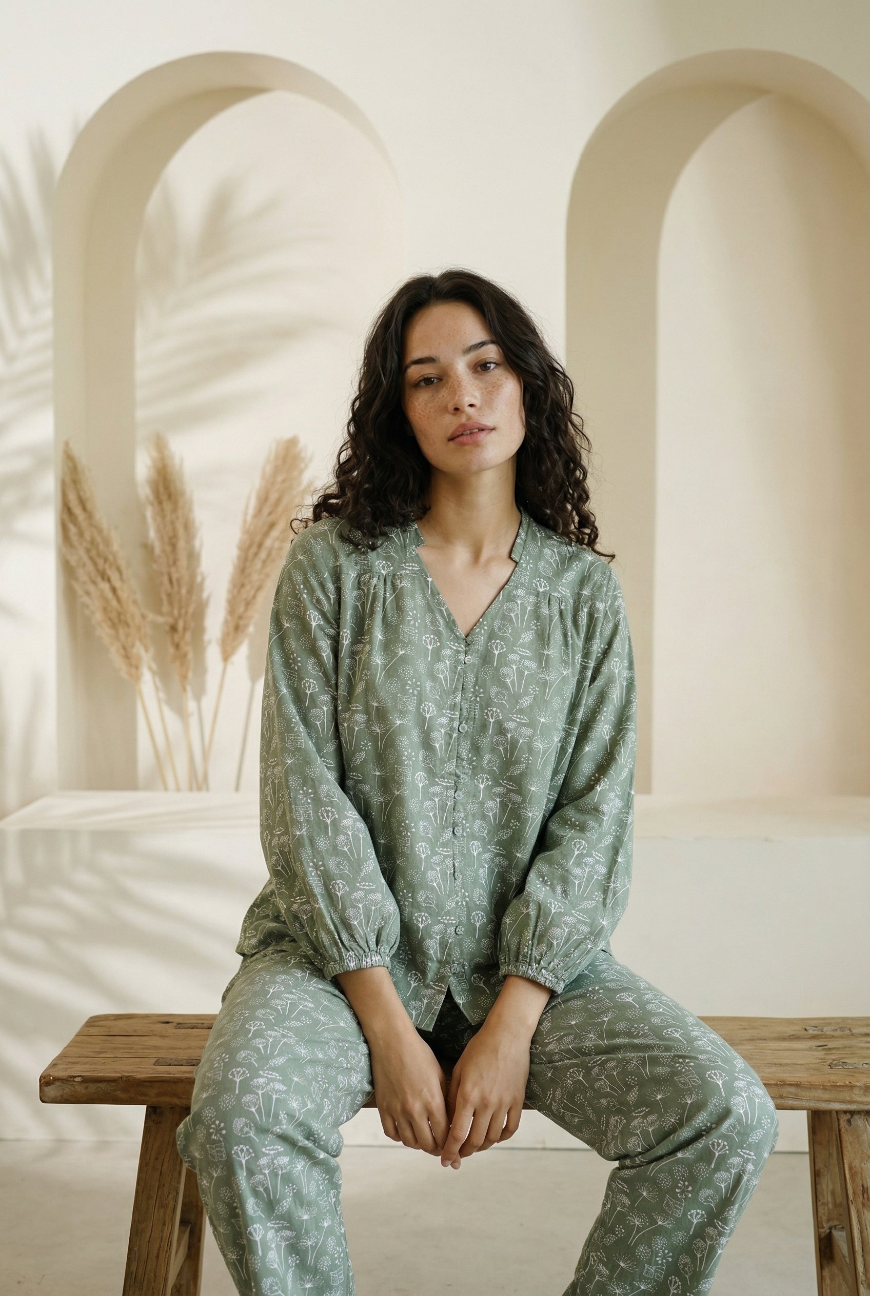 Green V-Neck Floral Print Cotton Night Suit For Women