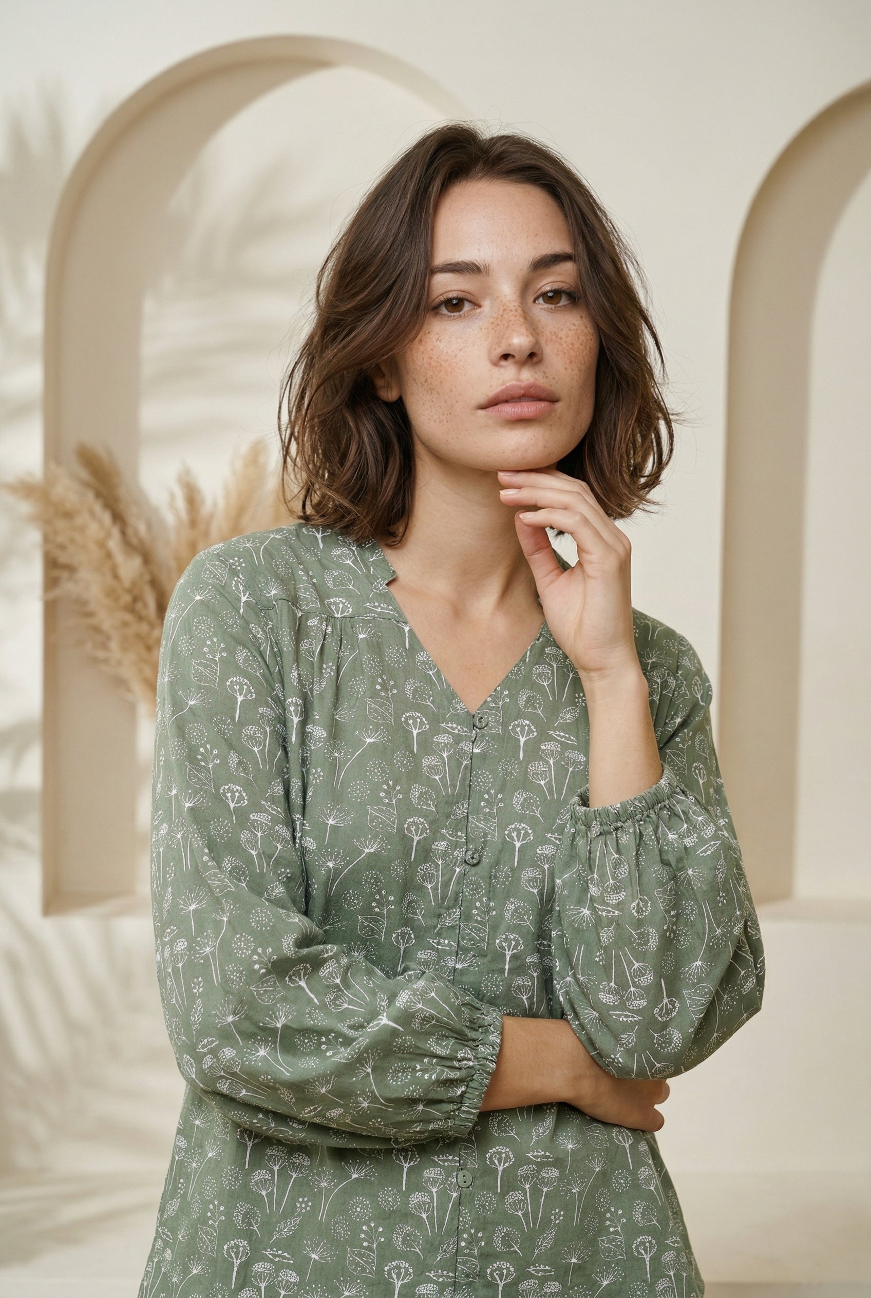 Green V-Neck Floral Print Cotton Night Suit For Women