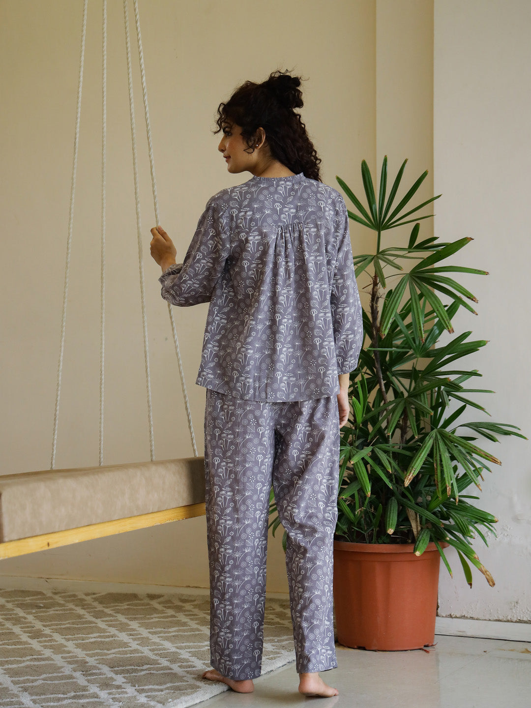 Grey Cotton Night Suit Set for Women