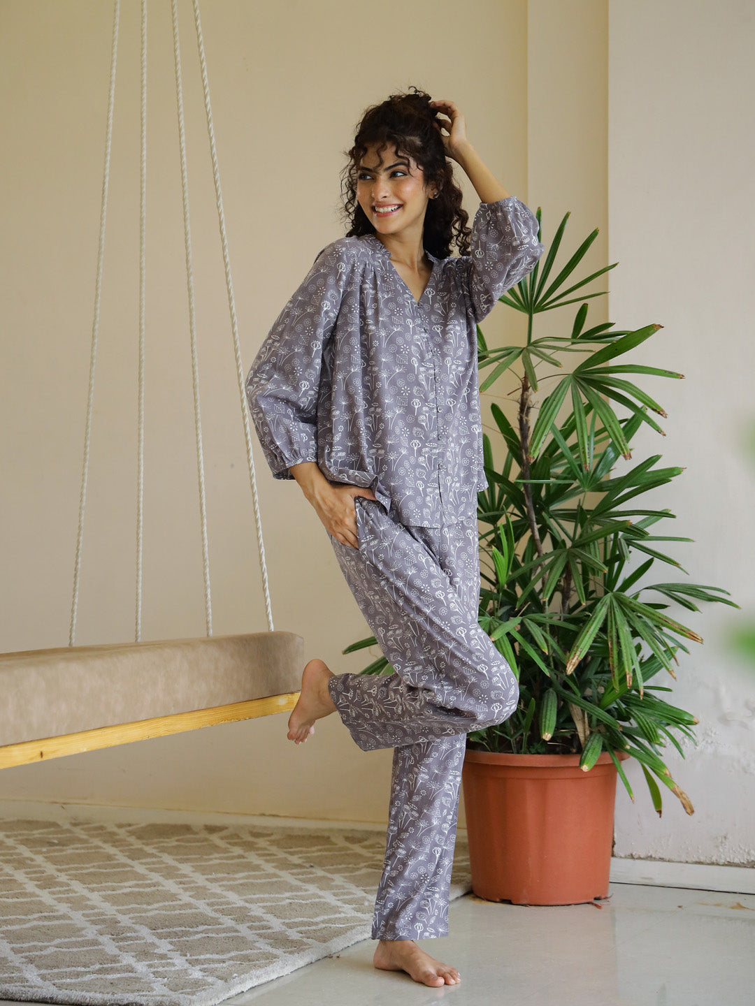 Grey Cotton Night Suit Set for Women