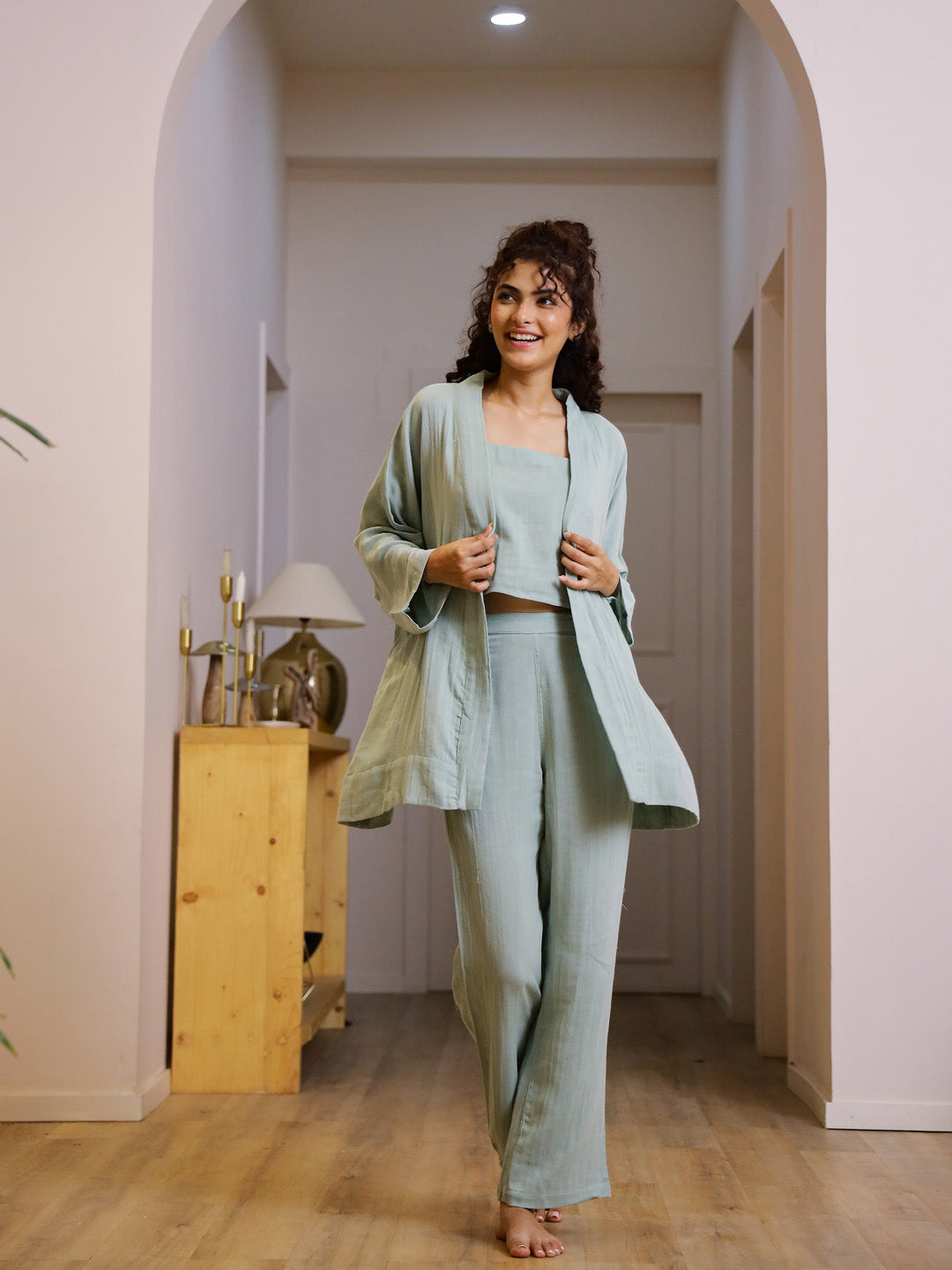 Set Of 3 Cotton Gauze Night Suit Set