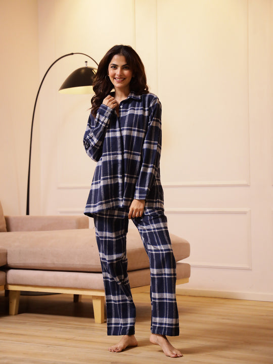 Blue Checks Cashmere Winter Loungewear Set