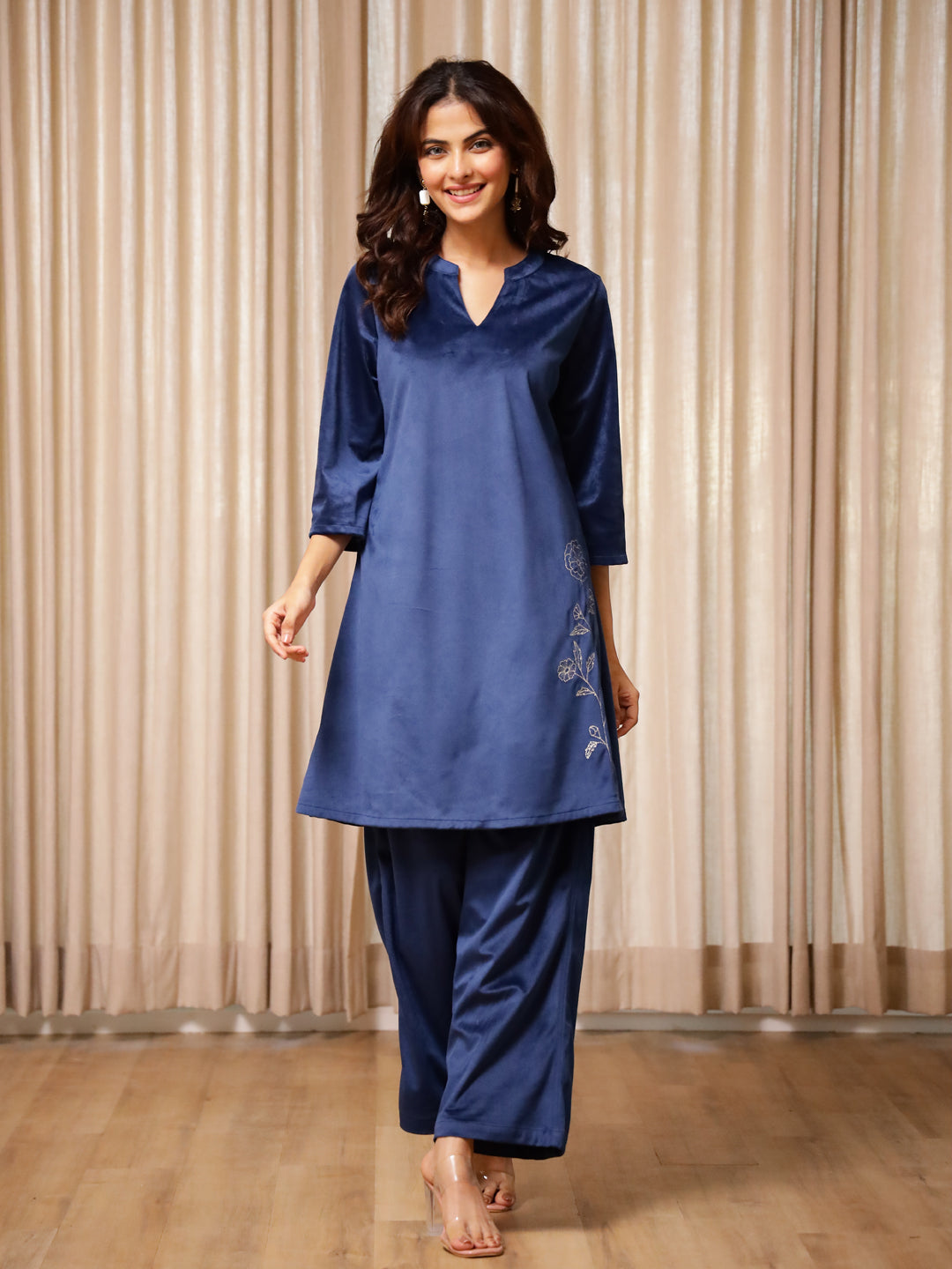 Blue Solid Print Kurta Set for Women