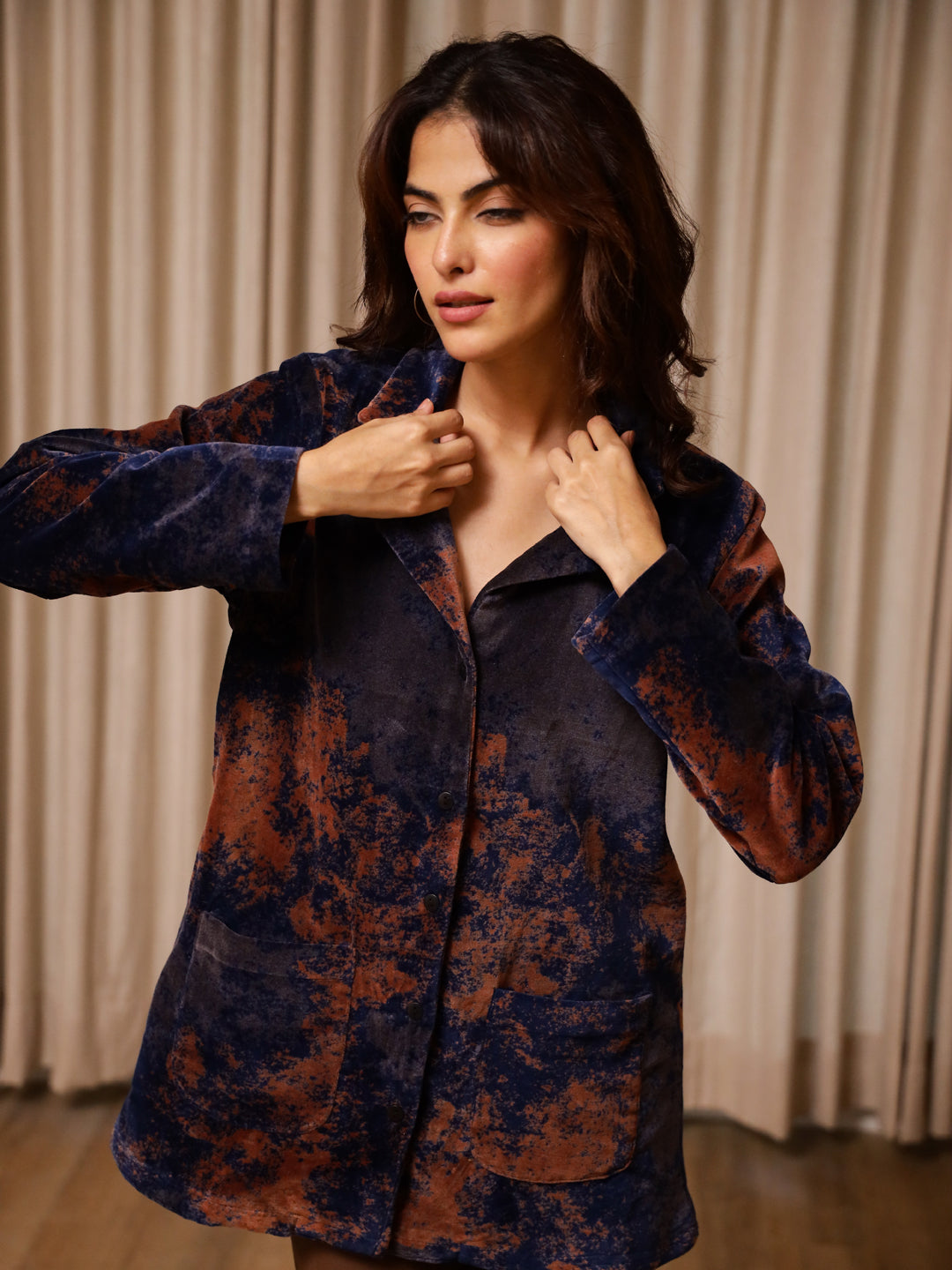 Blue Printed Velvet Jacket for Women - SanskrutiHomes 