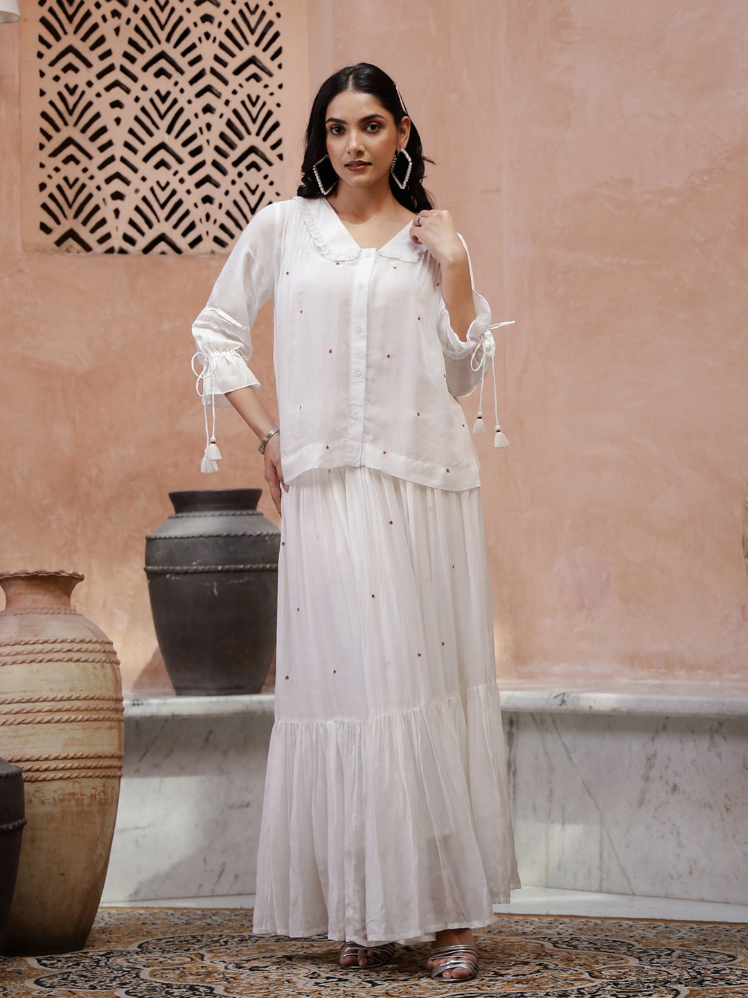 Off White V-Neck Solid A-Line Kurta Set For Women