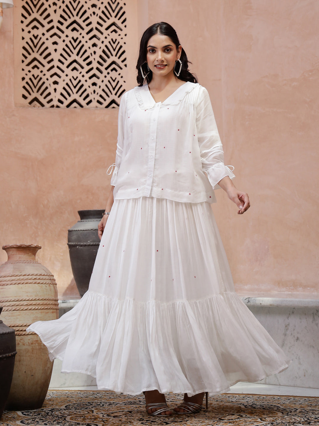 Off White V-Neck Solid A-Line Kurta Set For Women