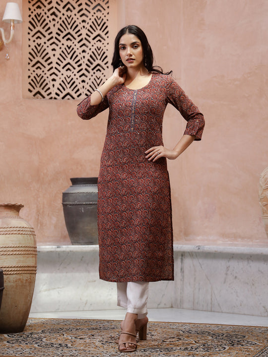 Red Cotton Printed Kurta for Women