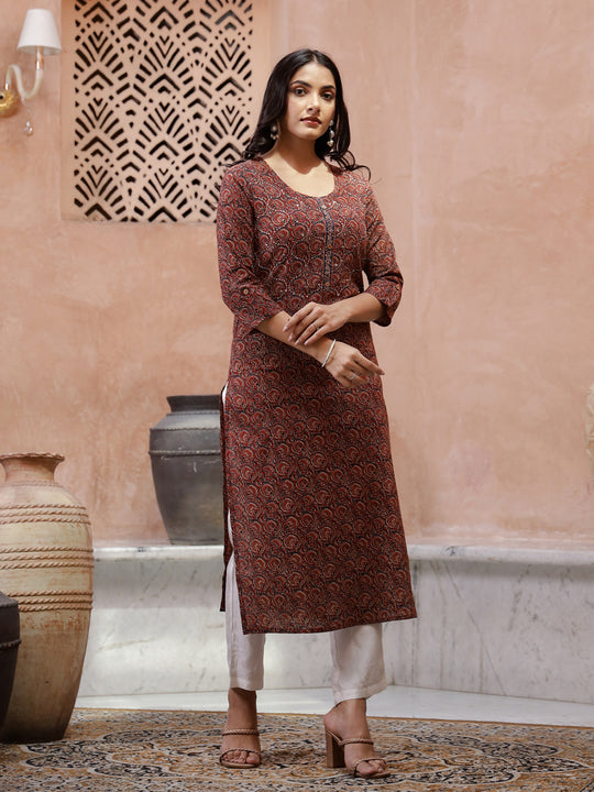 Red Cotton Printed Kurta for Women