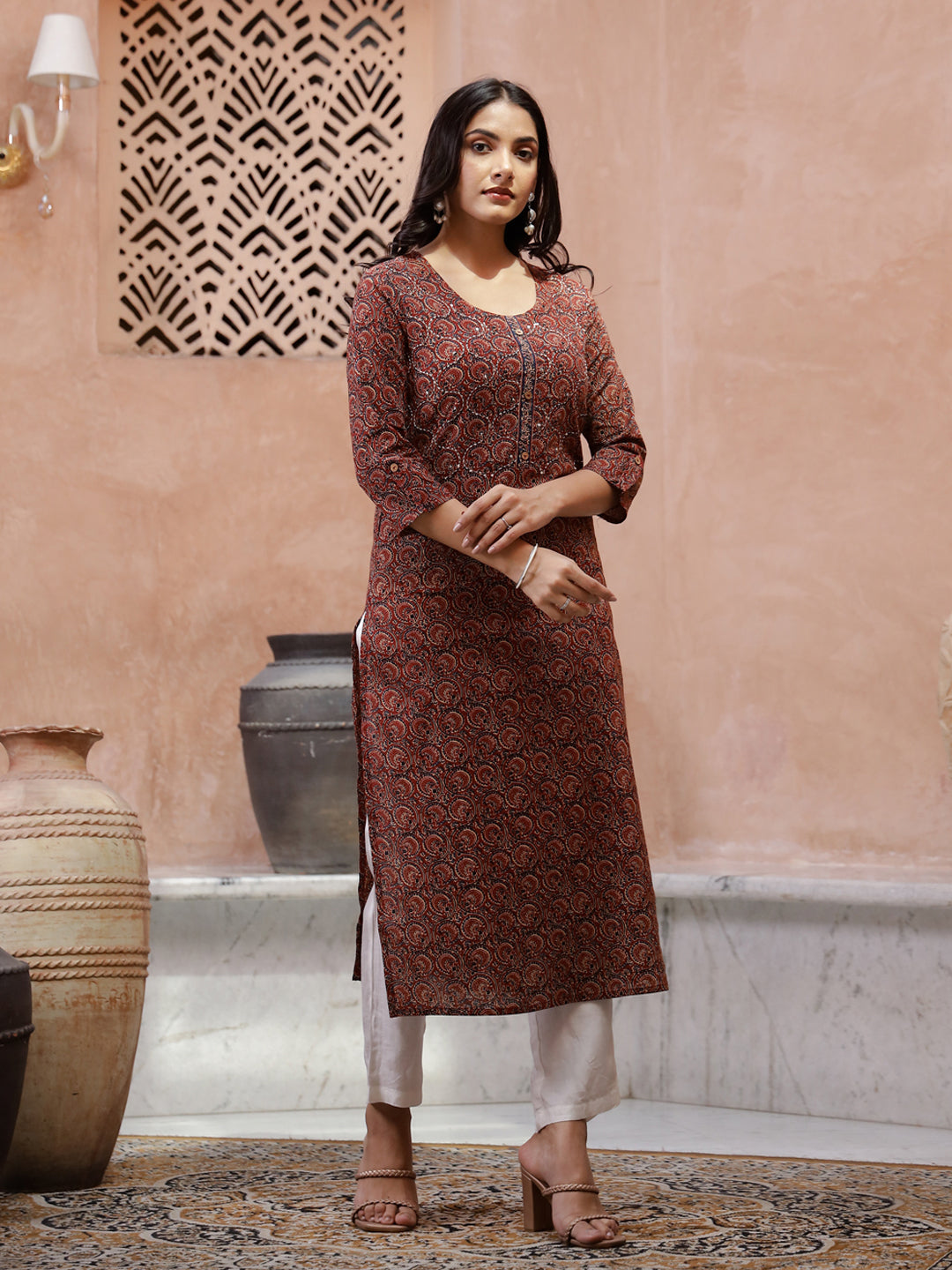 Red Cotton Printed Kurta for Women - SanskrutiHomes 