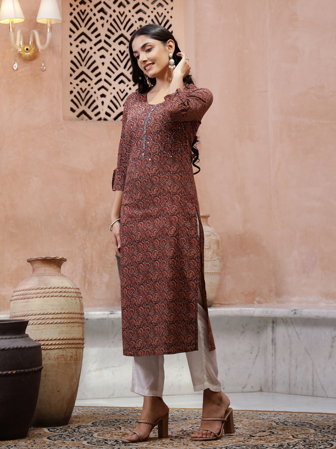 Red Cotton Printed Kurta for Women - SanskrutiHomes 