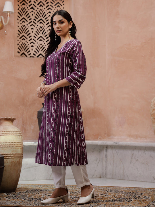 Purple Printed V-Neck Kurta for Women