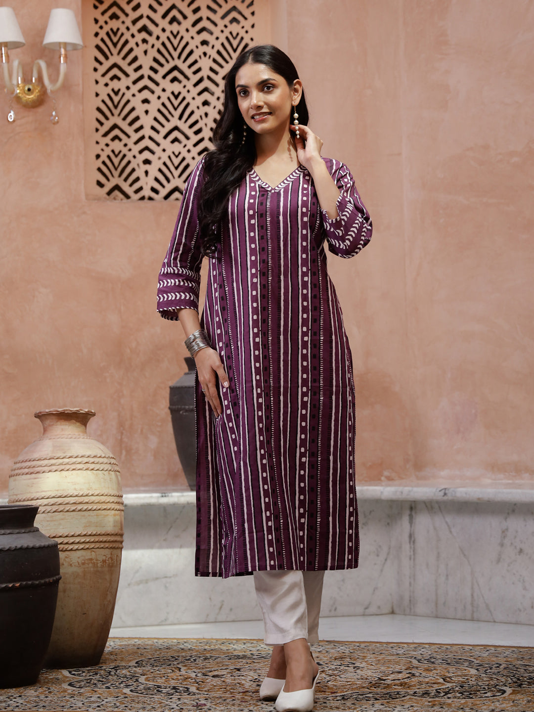 Purple Printed V-Neck Kurta for Women