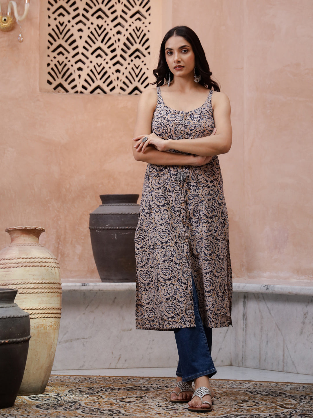 Beige Color Sleeveless Kurta for Women - SanskrutiHomes 