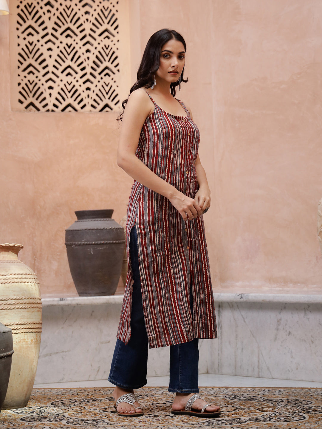 Maroon Color Strips Printed Sleeveless Kurta
