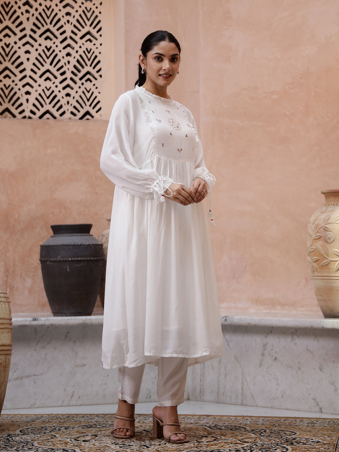 White Floral Embroidered Round Neck Kurta Set for Women - SanskrutiHomes 