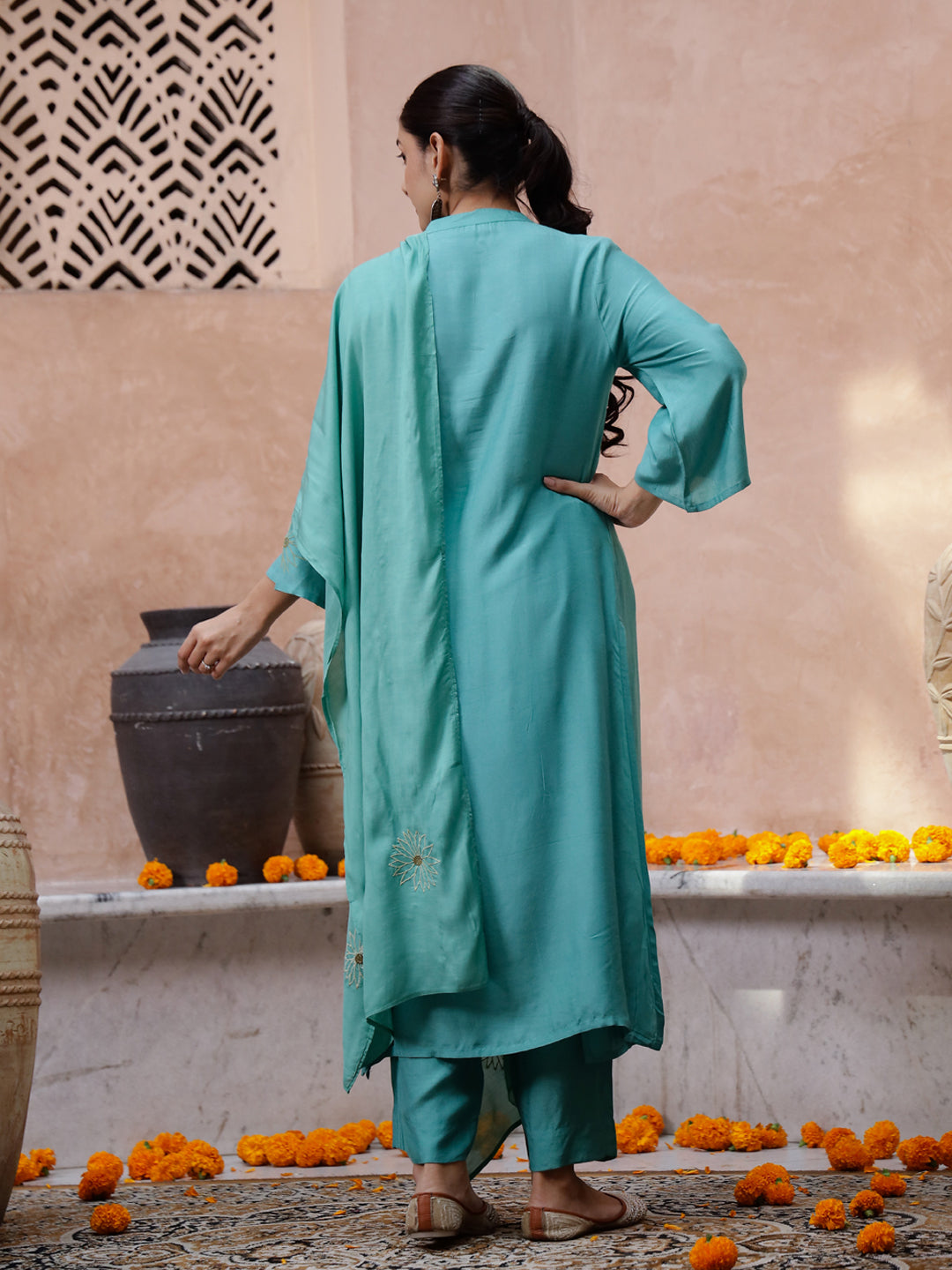 Green V-Neck Solid Print Kurta set - SanskrutiHomes 