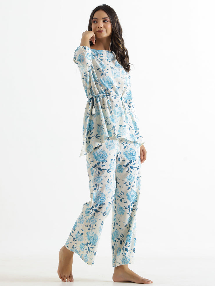 blue leafy Cotton Night Suit