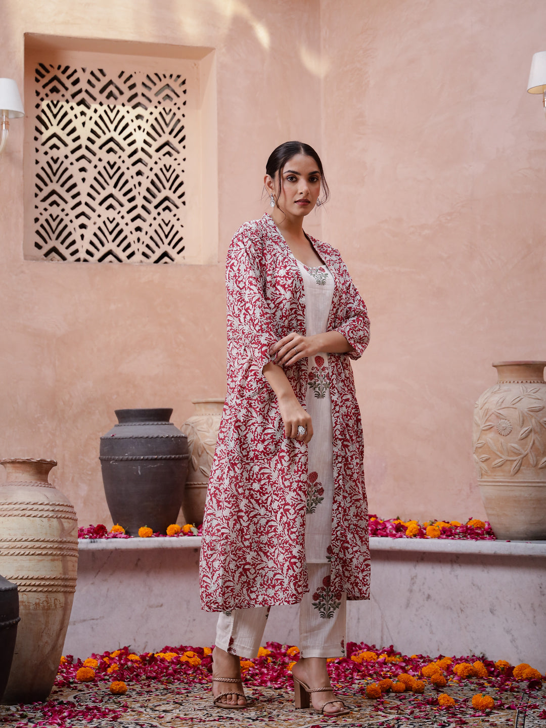 Red Floral Printed Cotton Kurta Set