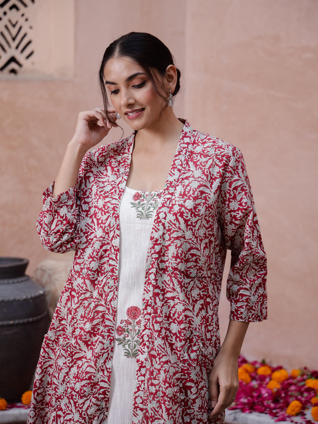 Red Floral Printed Cotton Kurta Set
