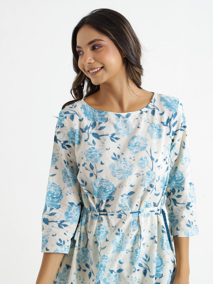 blue leafy Cotton Night Suit