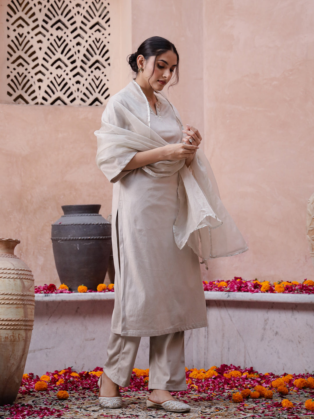 Beige Solid Velvet Kurta Set With Dupatta