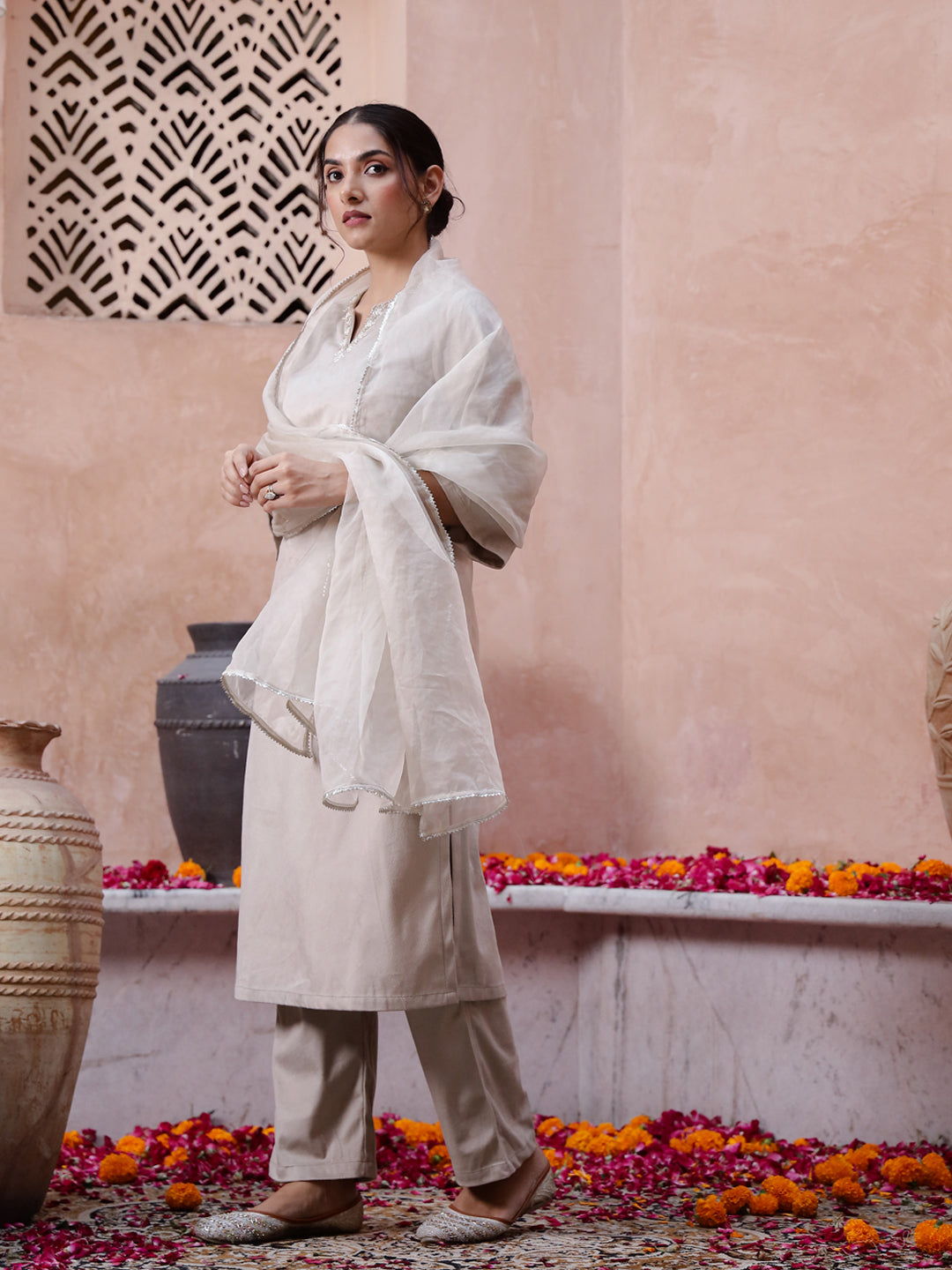 Beige Solid Velvet Kurta Set With Dupatta