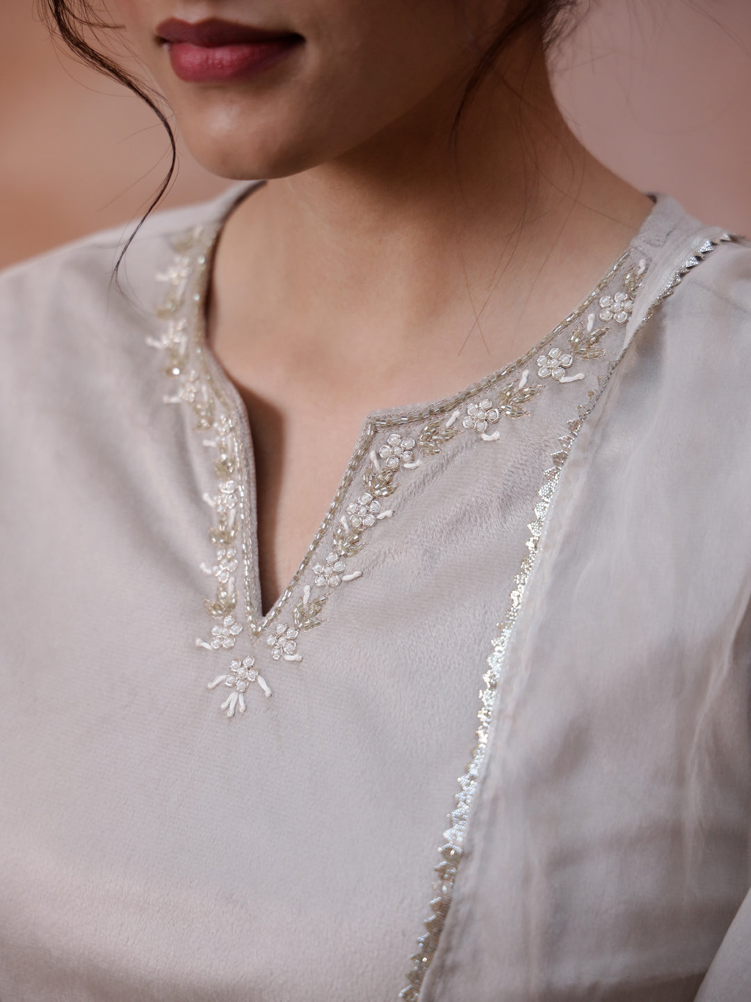 Beige Solid Velvet Kurta Set With Dupatta