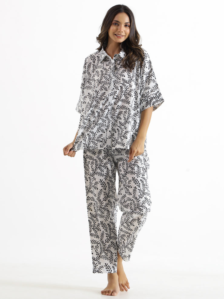 Pinnate black & white Cotton Night SUIT