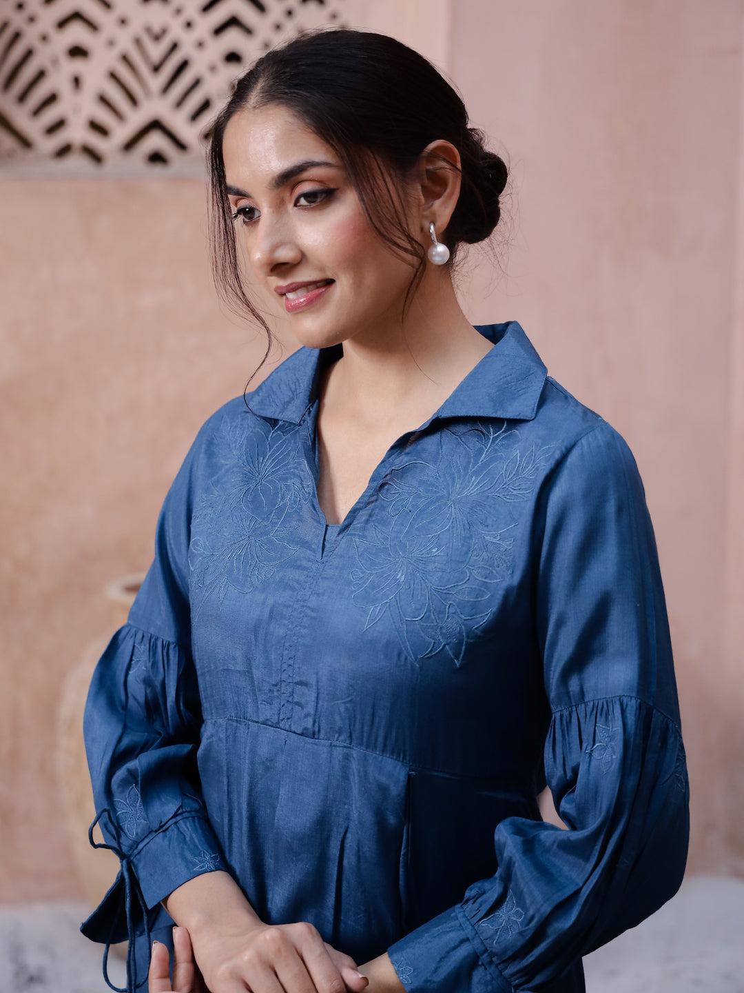 Blue Solid Printed Co-Ords Set For Women