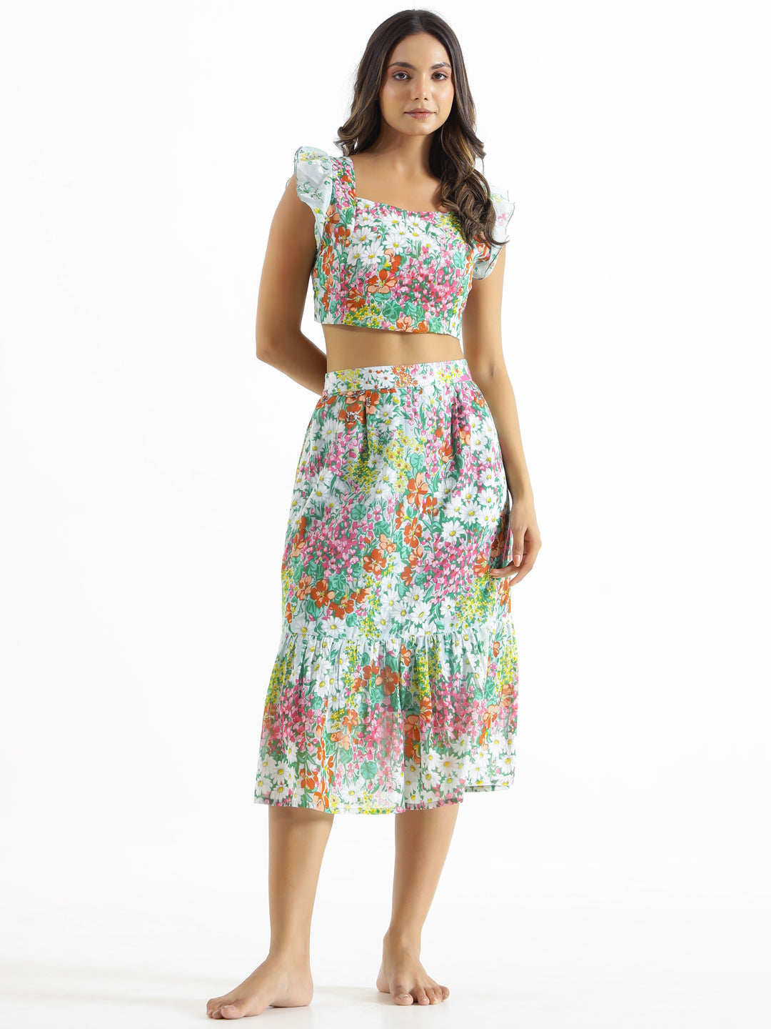 White & Green Printed Square Neck Pure Cotton Top & Skirt - SanskrutiHomes 