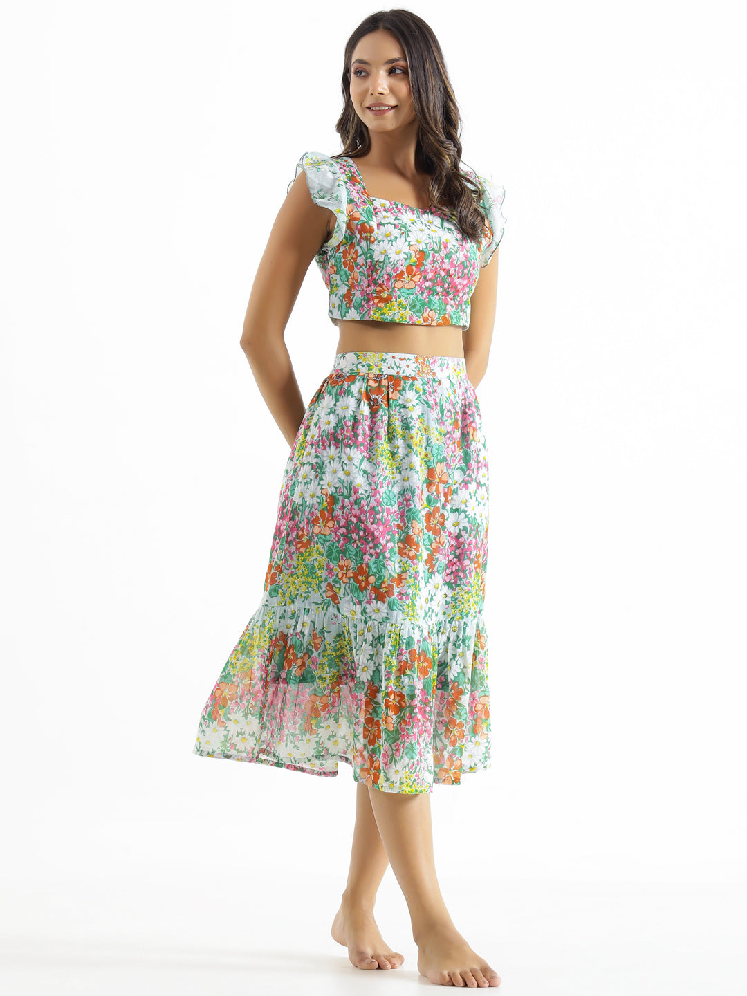 White & Green Printed Square Neck Pure Cotton Top & Skirt - SanskrutiHomes 