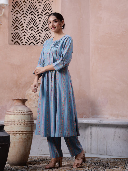 Blue Floral Printed Round Neck Kurta Set