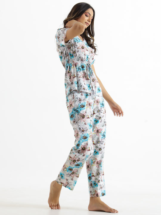 Floral clinched waist Cotton Night SUIT