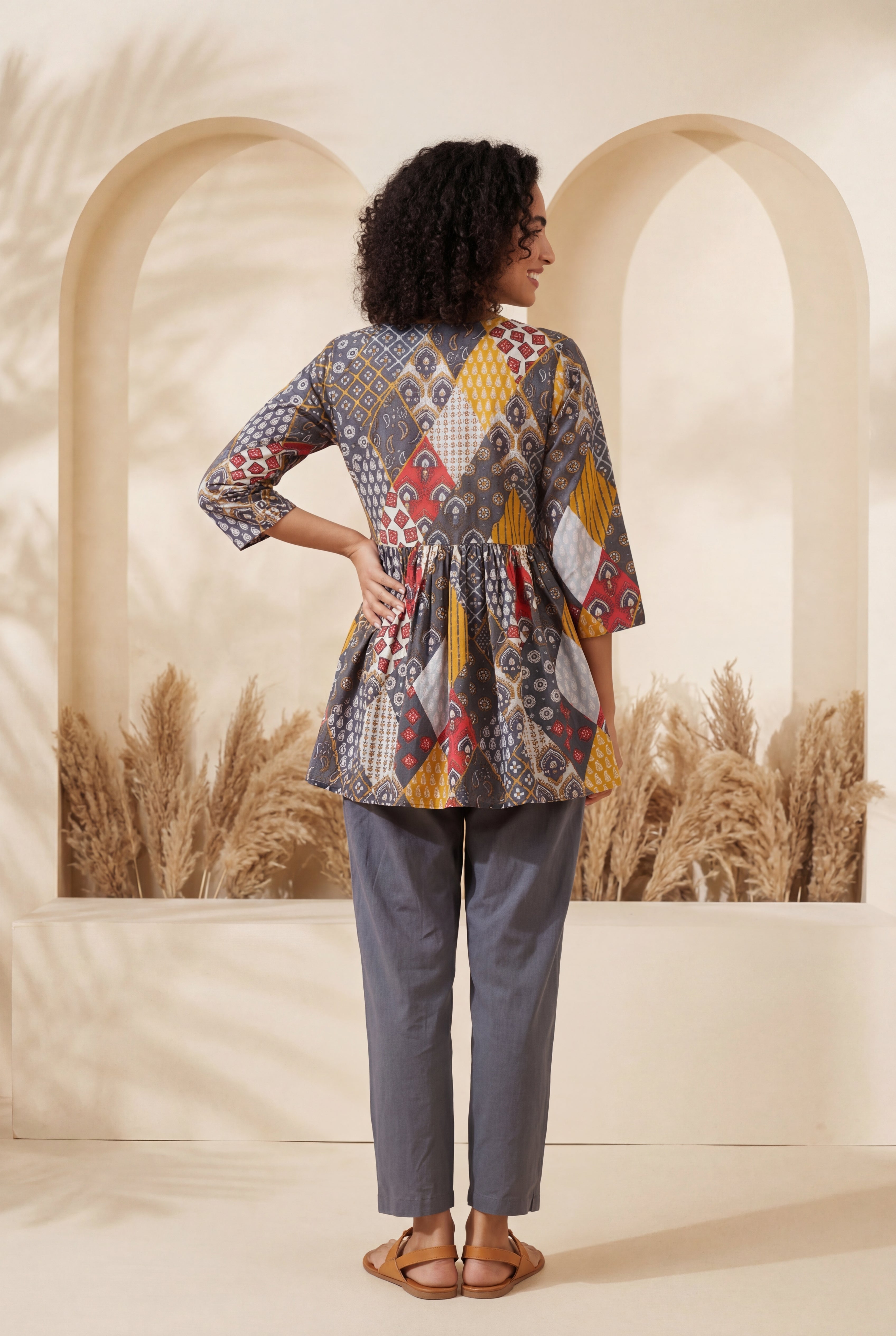 Grey V-Neck Geometric Print Pure Cotton Night Suit For Women
