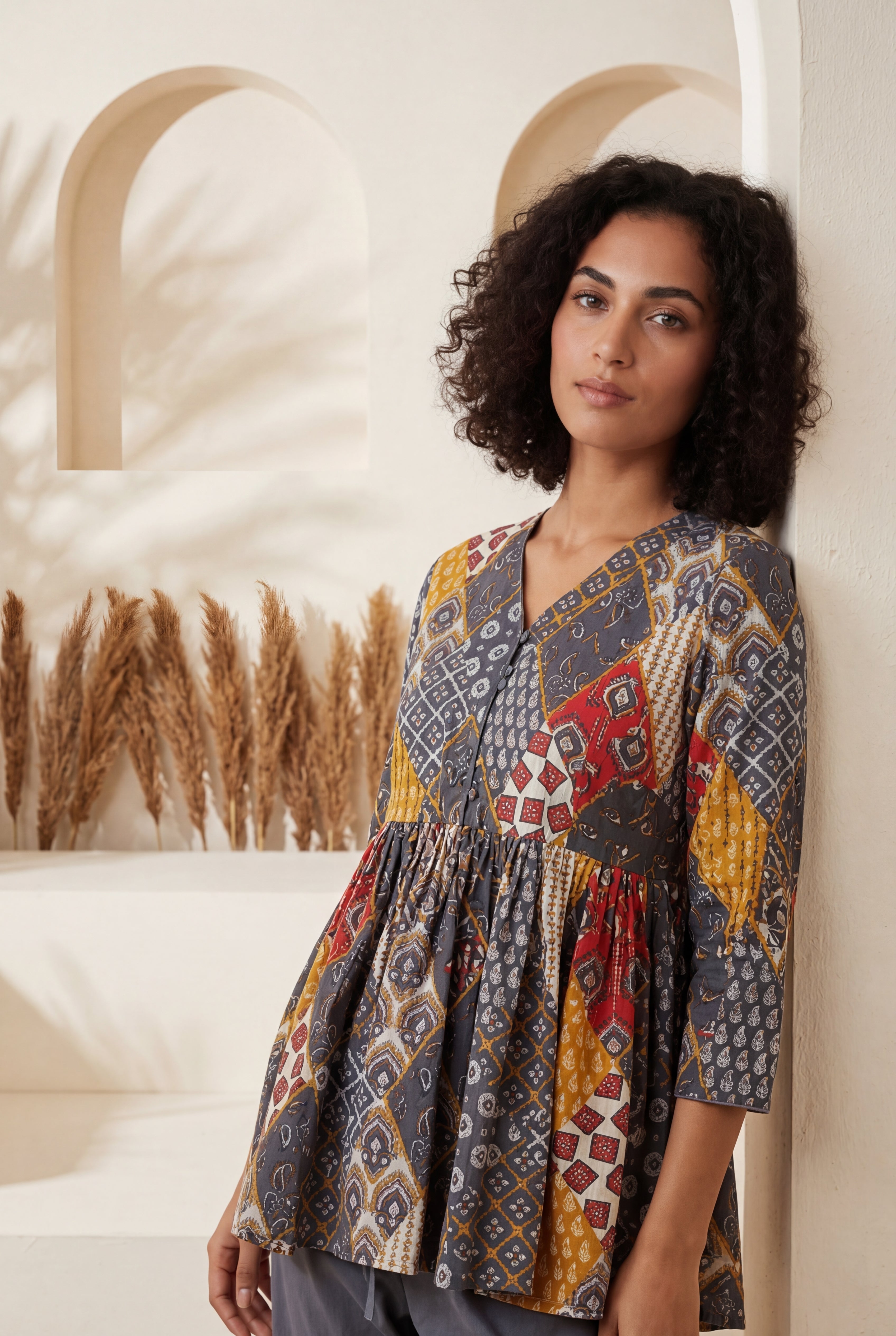 Grey V-Neck Geometric Print Pure Cotton Night Suit For Women