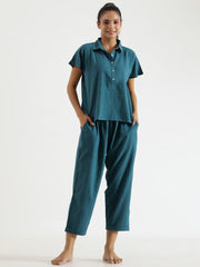 Teal solid Cotton Slub Night Suit