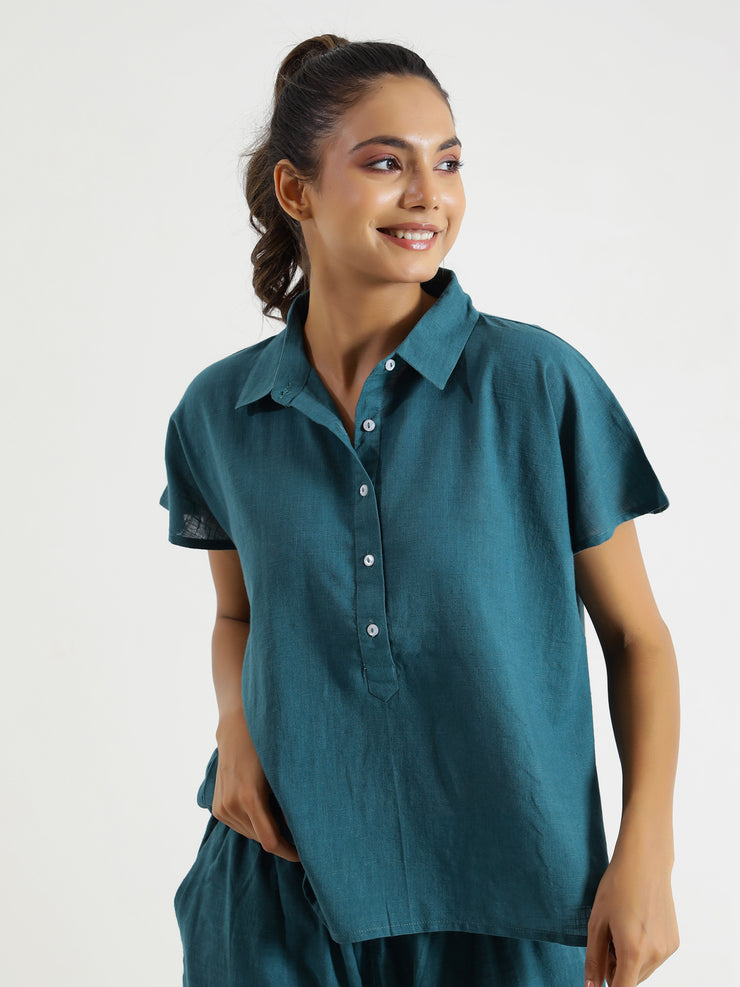 Teal solid Cotton Slub Night Suit