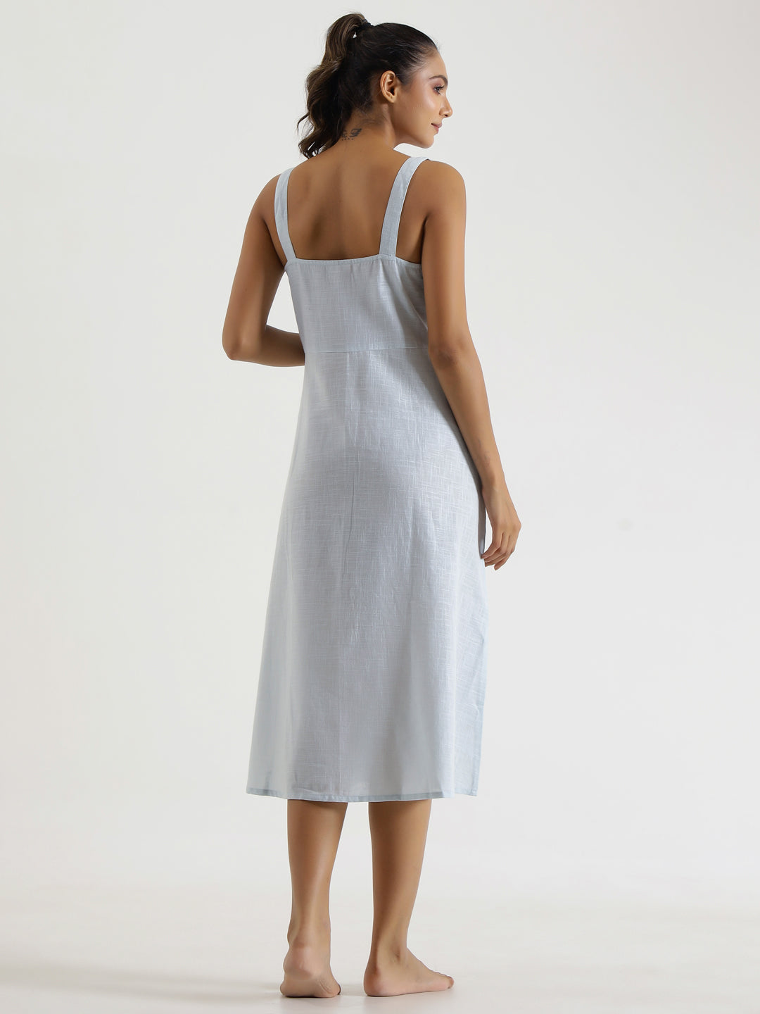 Solid powder Blue Cotton Night Dress - SanskrutiHomes 