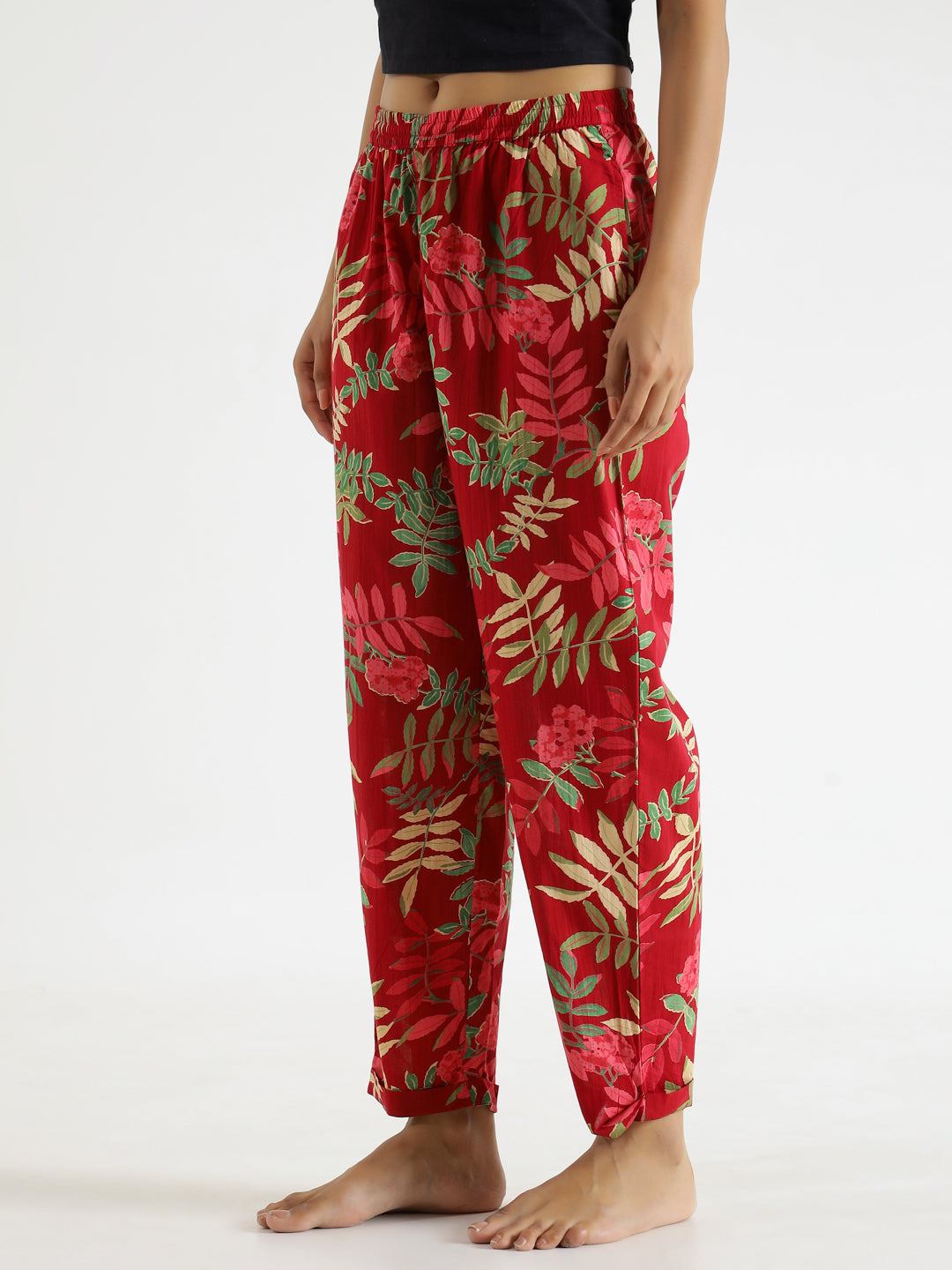 Red Floral Printed Pure Cotton Lounge Pants - SanskrutiHomes 