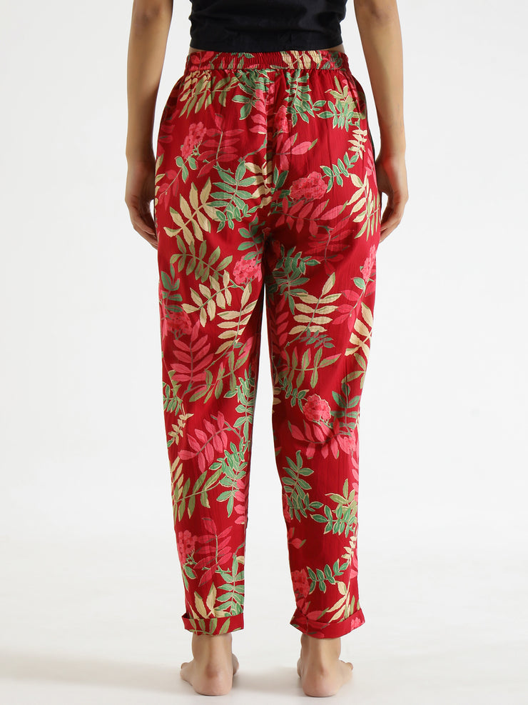 Red Floral Printed Pure Cotton Lounge Pants