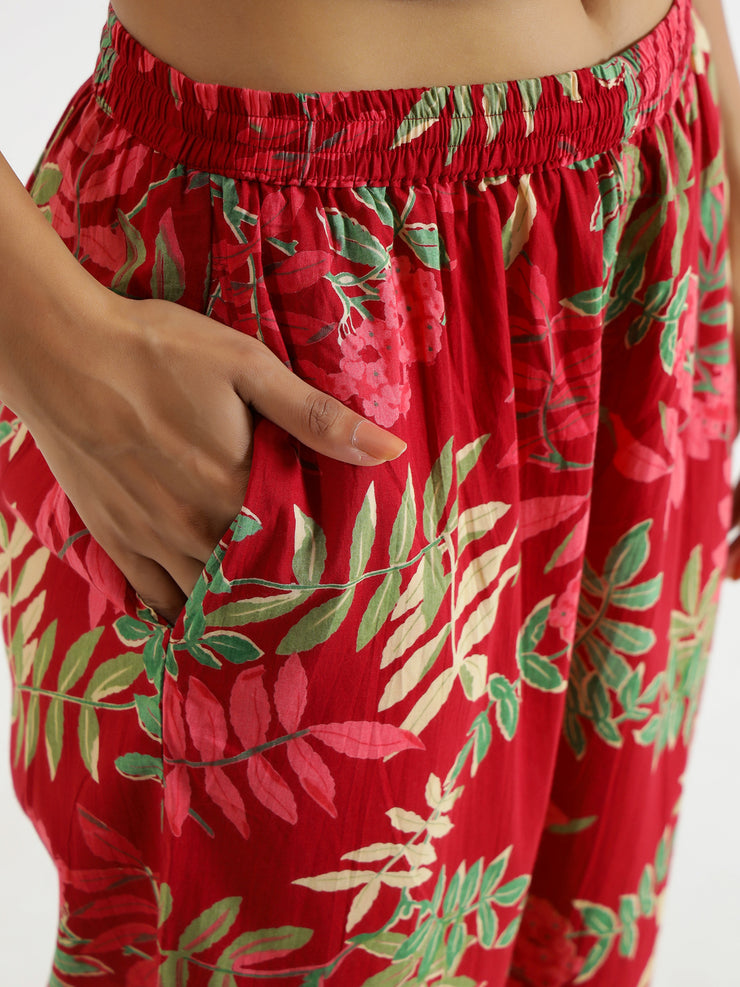 Red Floral Printed Pure Cotton Lounge Pants