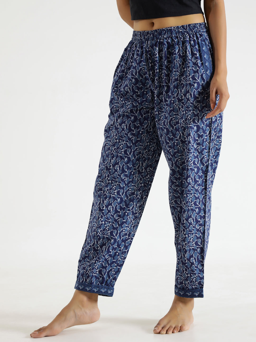 Navy Blue Abstract Print Mid Waist Lounge Pant For Women