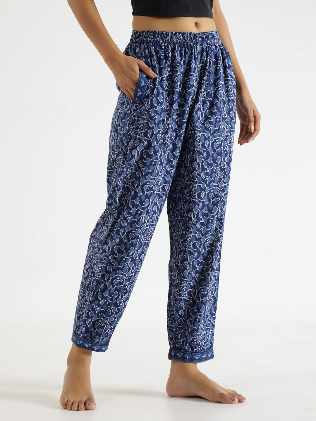 Navy Blue Abstract Print Mid Waist Lounge Pant For Women