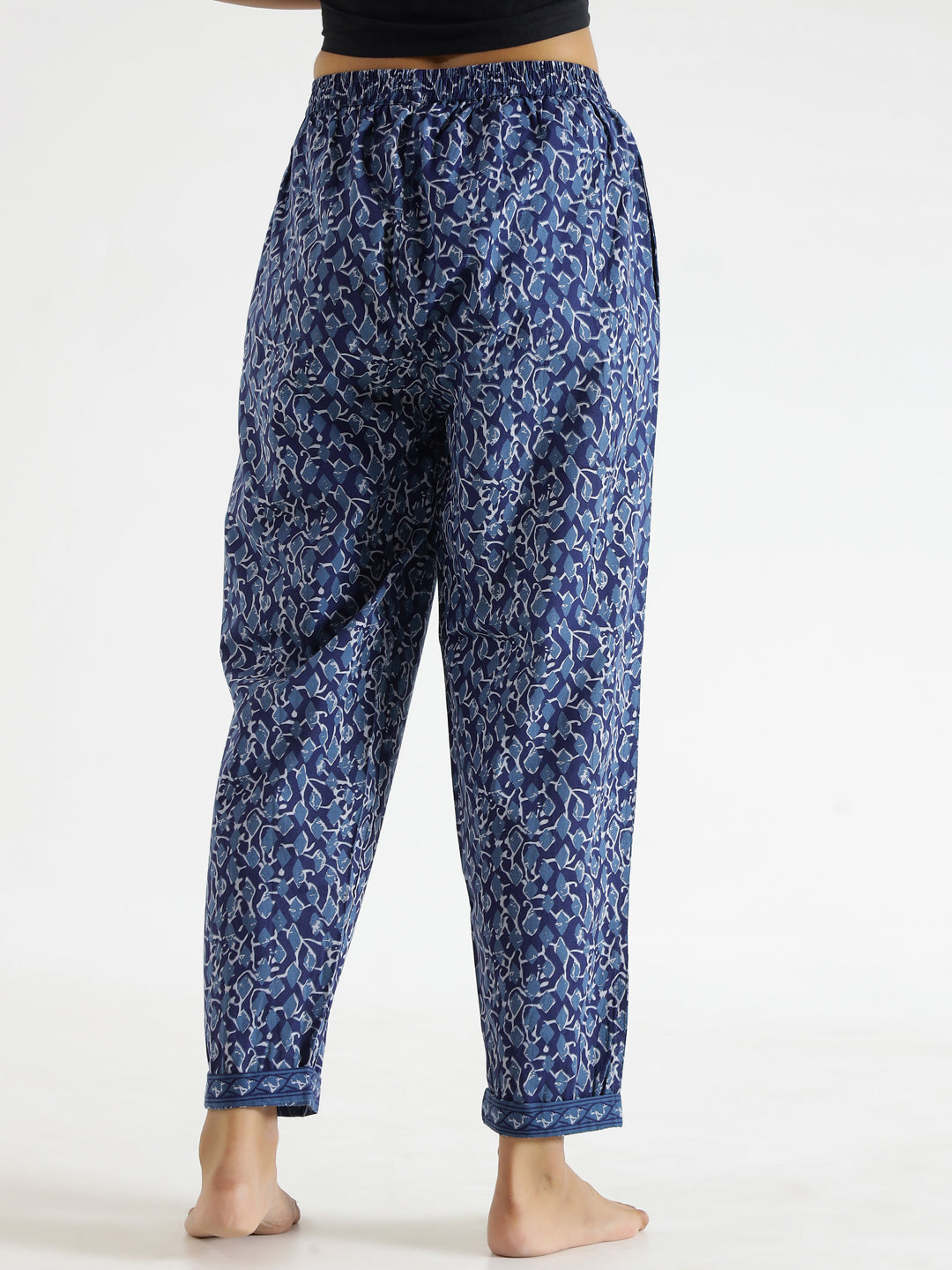 Navy Blue Abstract Print Mid Waist Lounge Pant For Women