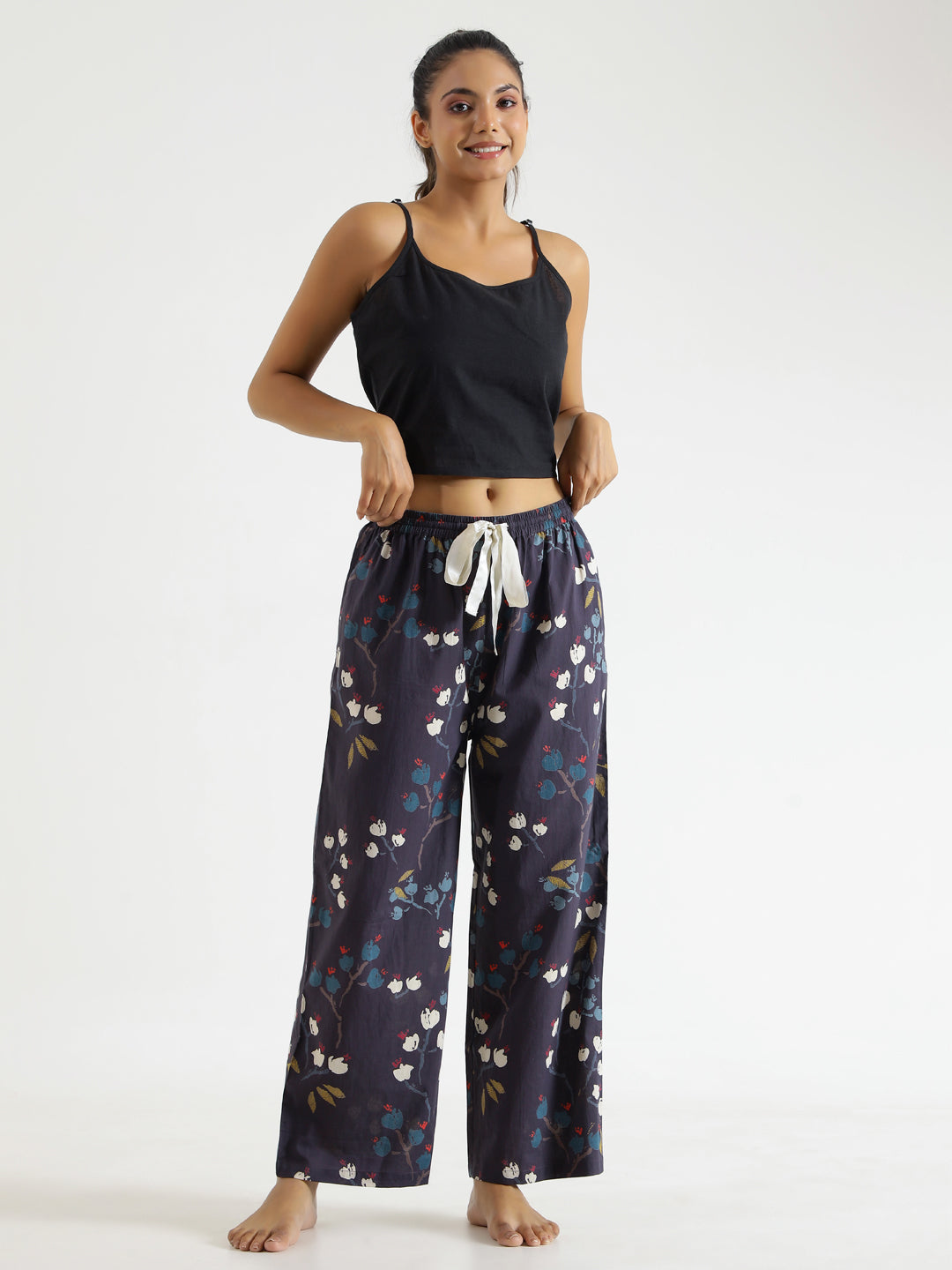 Blue Floral Print Mid Waist Lounge Pant for Women