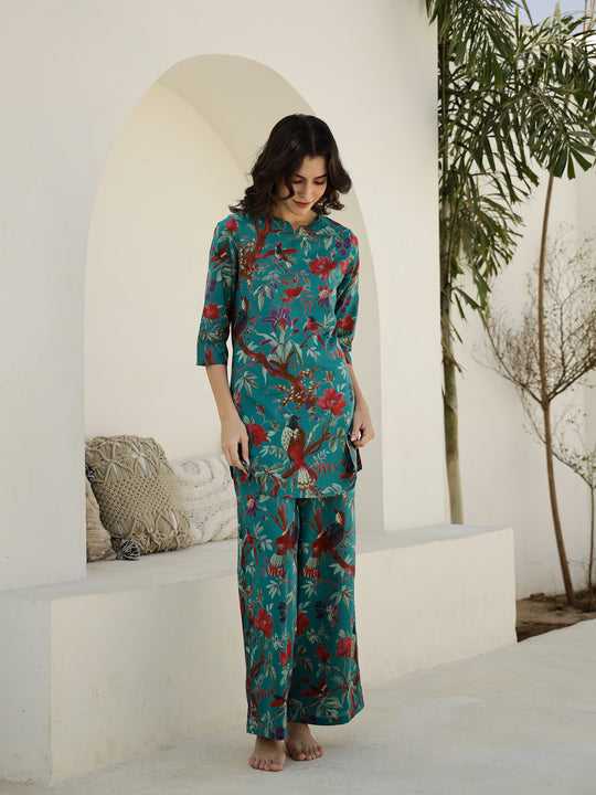 Green Floral Printed Night Suit Set