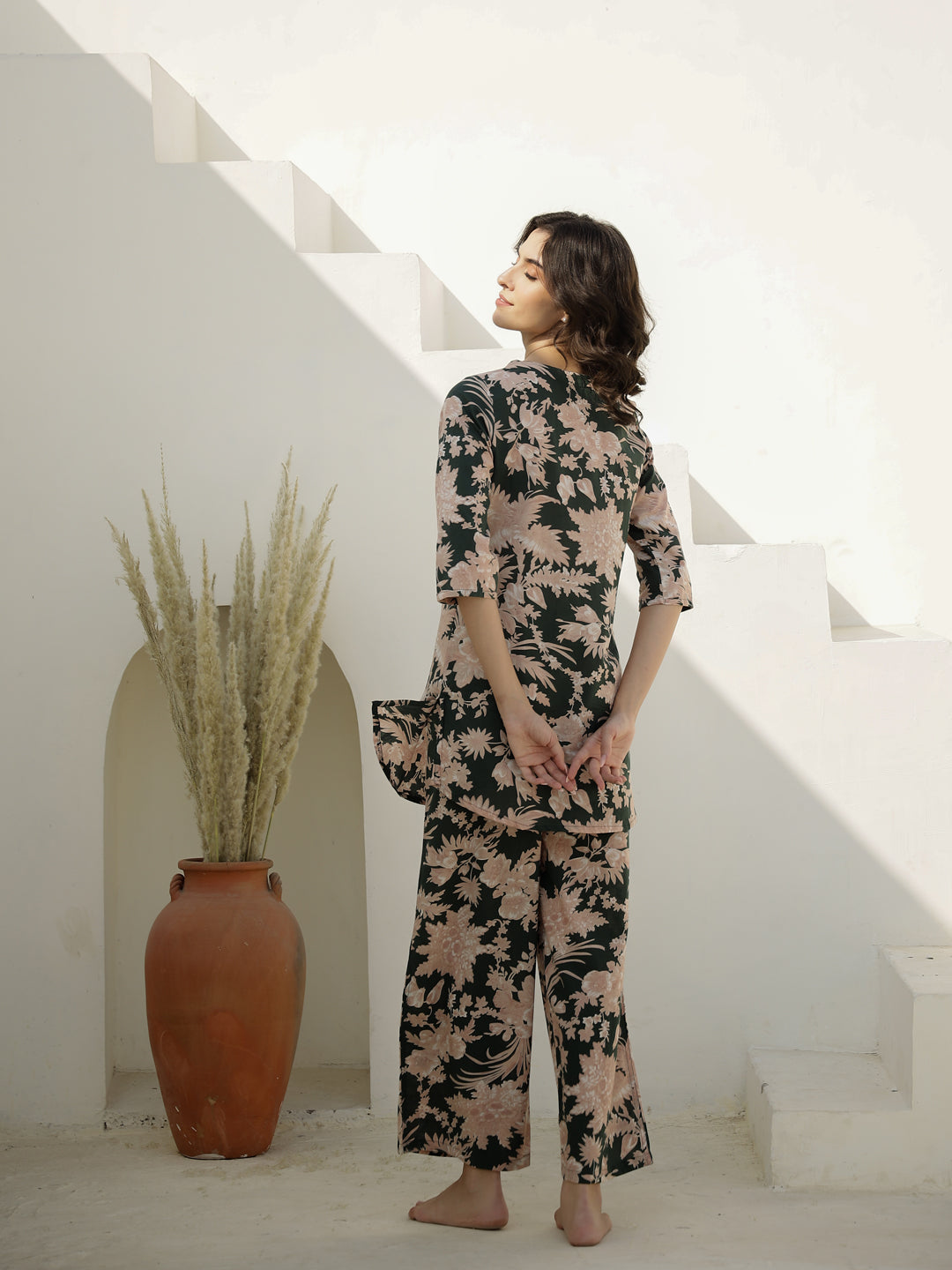 Green Color Flower Printed Night Suit