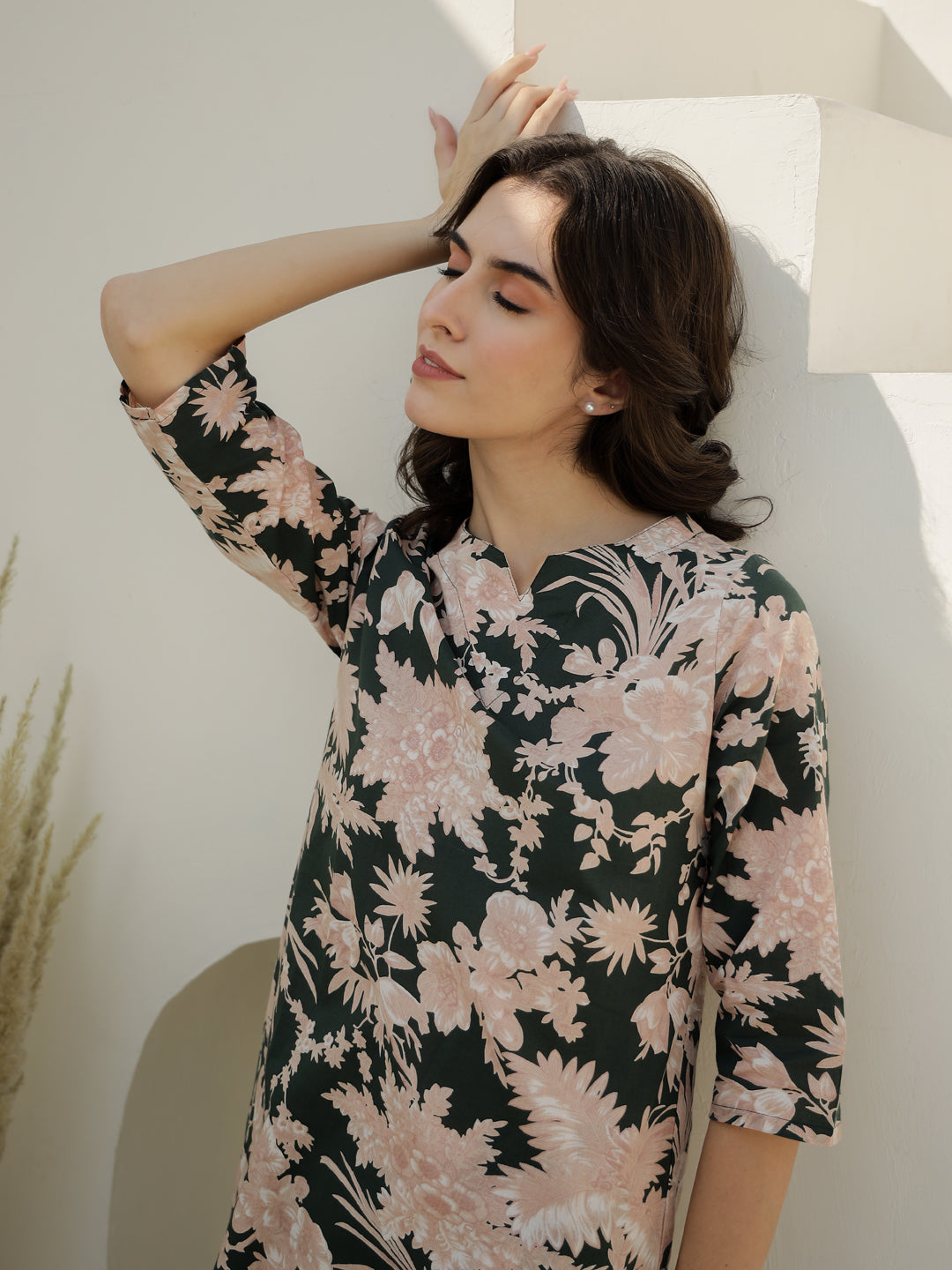 Green Color Flower Printed Night Suit